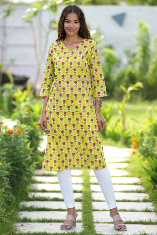 Sooti Syahi Garnet Garden Handblock Printed Cotton Kurti