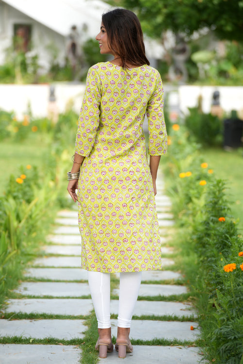 Sooti Syahi Fiery Green Haven Handblock Printed Cotton Kurti