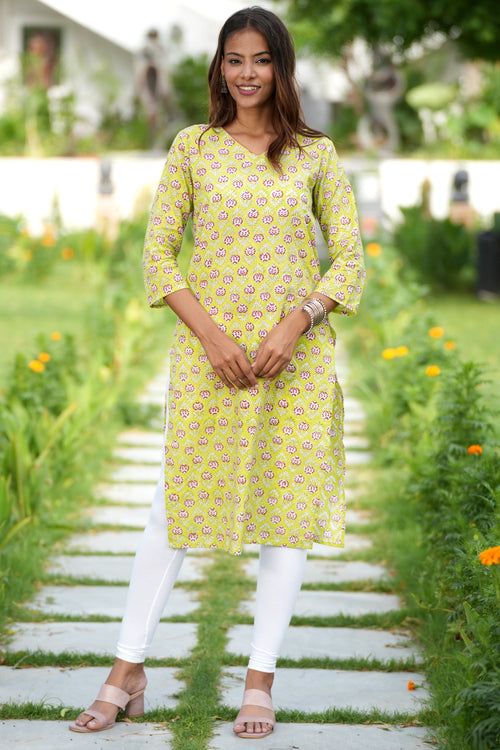 Sooti Syahi Fiery Green Haven Handblock Printed Cotton Kurti