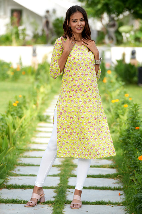 Sooti Syahi Fiery Green Haven Handblock Printed Cotton Kurti