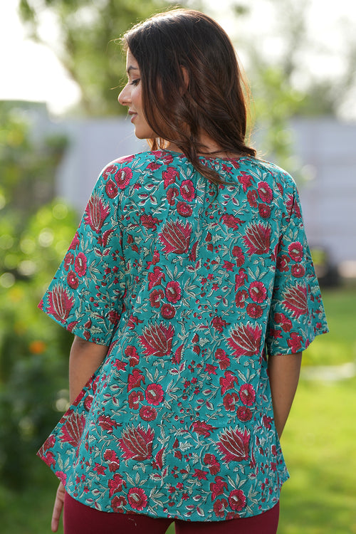 Sooti Syahi Turquoise Winehandblock Printed Cotton Top