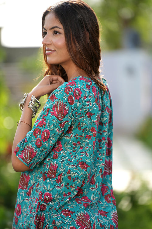 Sooti Syahi Turquoise Winehandblock Printed Cotton Top
