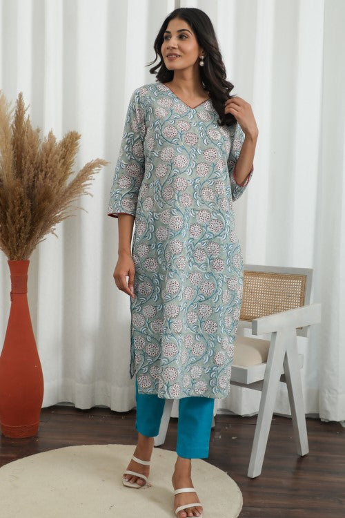 Sootisyahi ' Daisy Chain ' Azofree Handblock Printed Pure Cotton Kurti