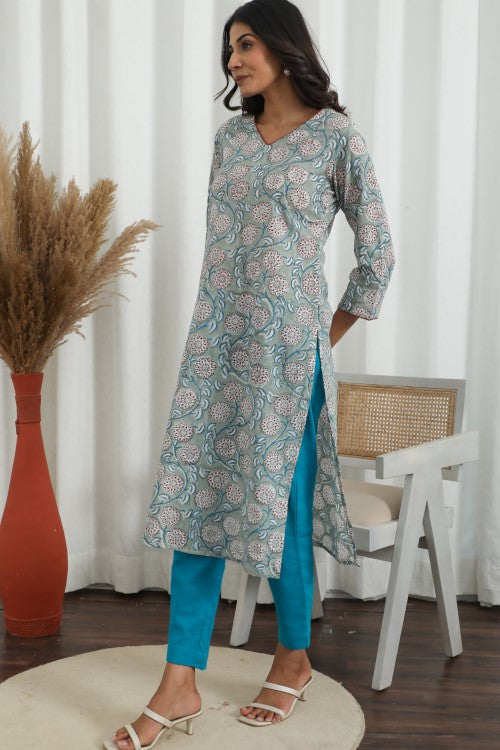 Sootisyahi ' Daisy Chain ' Azofree Handblock Printed Pure Cotton Kurti