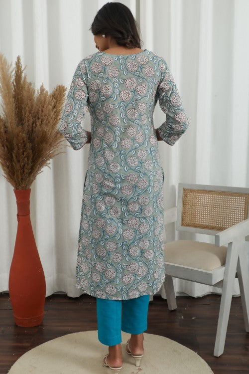 Sootisyahi ' Daisy Chain ' Azofree Handblock Printed Pure Cotton Kurti