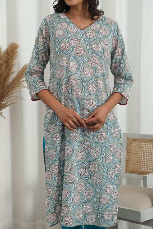 Sootisyahi ' Daisy Chain ' Azofree Handblock Printed Pure Cotton Kurti