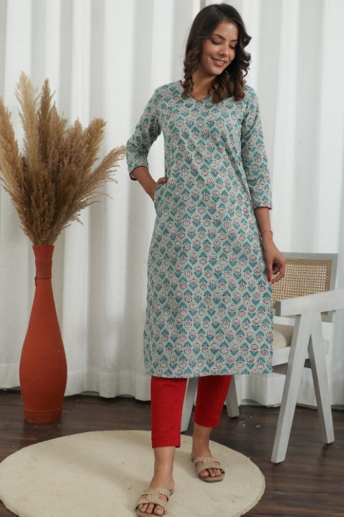 Sootisyahi ' Petal Push ' Azofree Handblock Printed Pure Cotton Kurti