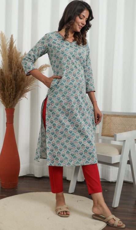 Sootisyahi ' Petal Push ' Azofree Handblock Printed Pure Cotton Kurti