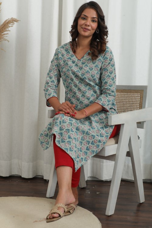 Sootisyahi ' Petal Push ' Azofree Handblock Printed Pure Cotton Kurti