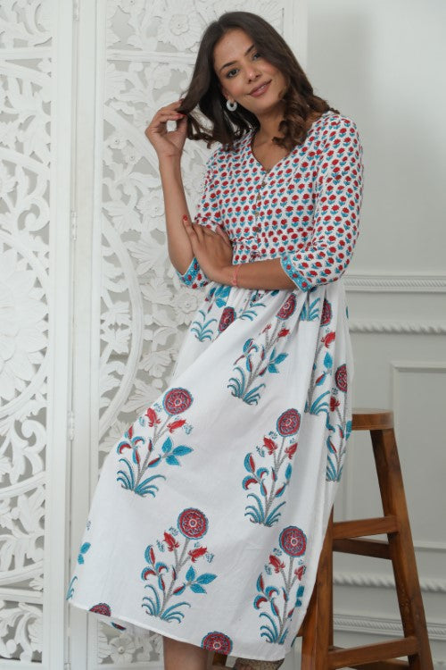 Sootisyahi ' Bloomix ' Azofree Handblock Printed Pure Cotton Dress