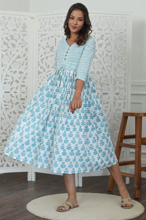 Sootisyahi ' Lumina ' Azofree Handblock Printed Pure Cotton Dress