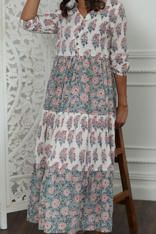 Sootisyahi ' Garden Glory ' Azofree Handblock Printed Pure Cotton Dress