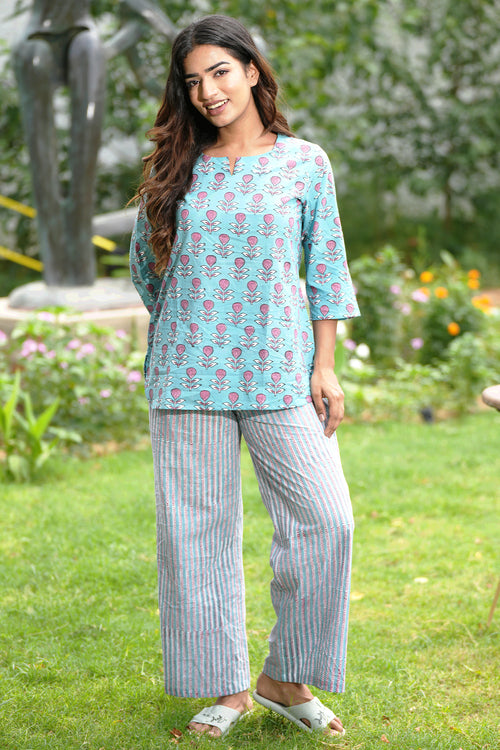 Pink Lemonade Sea Block Printed Night Suit