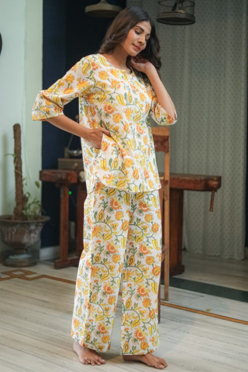 Sootisyahi ' Bright Bloom' Handblock Printed Pure Cotton Night Suit
