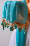 Samoolam Handmade Crochet Flower Tassel Stole ~  Beige & Turquoise