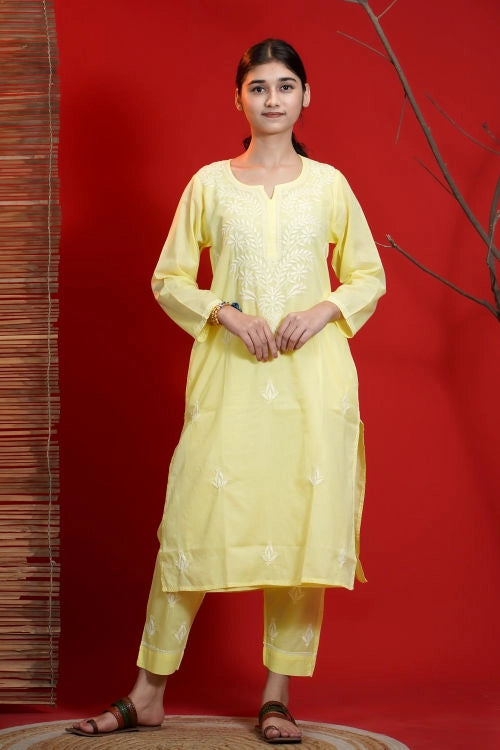 Shwet Hand Embroidered Chikankari Yellow Kurta Pant Set For Women