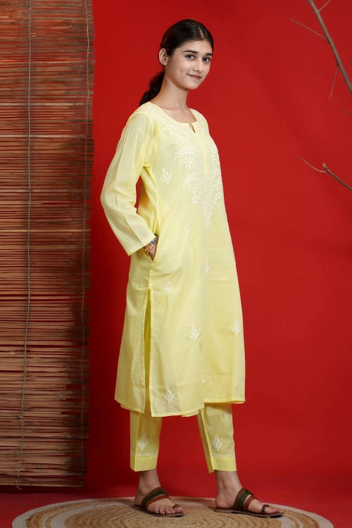 Shwet Hand Embroidered Chikankari Yellow Kurta Pant Set For Women