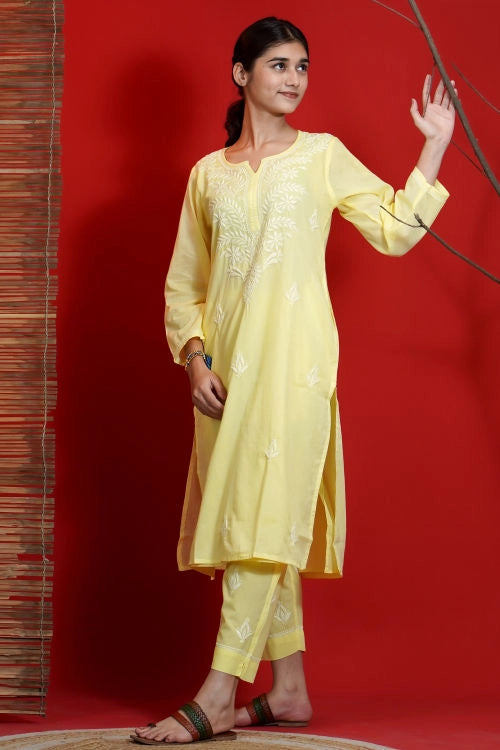 Shwet Hand Embroidered Chikankari Yellow Kurta Pant Set For Women