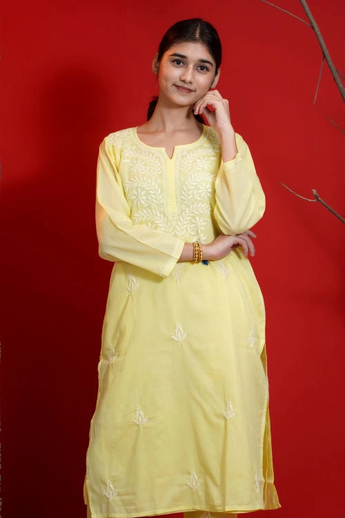 Shwet Hand Embroidered Chikankari Yellow Kurta Pant Set For Women