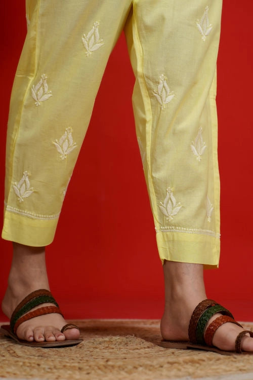 Shwet Hand Embroidered Chikankari Yellow Kurta Pant Set For Women