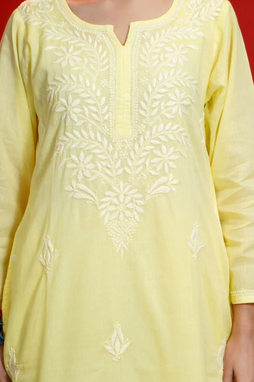 Shwet Hand Embroidered Chikankari Yellow Kurta Pant Set For Women