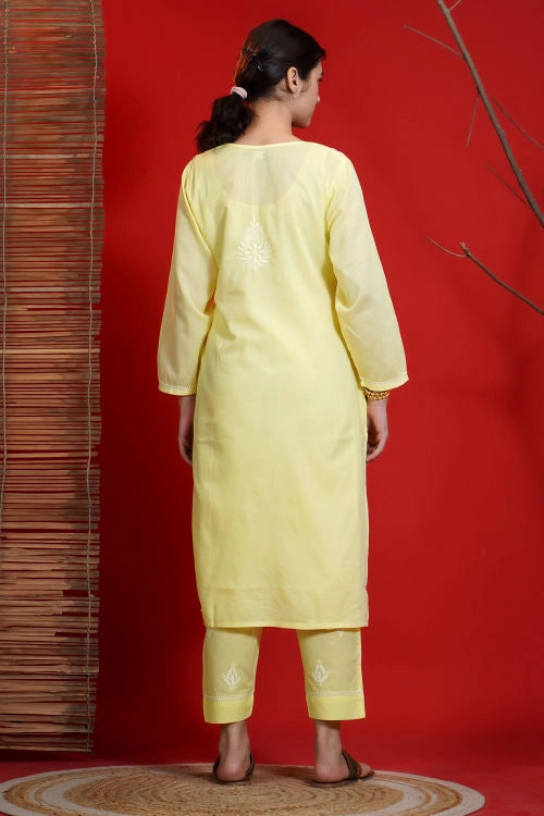 Shwet Hand Embroidered Chikankari Yellow Kurta Pant Set For Women