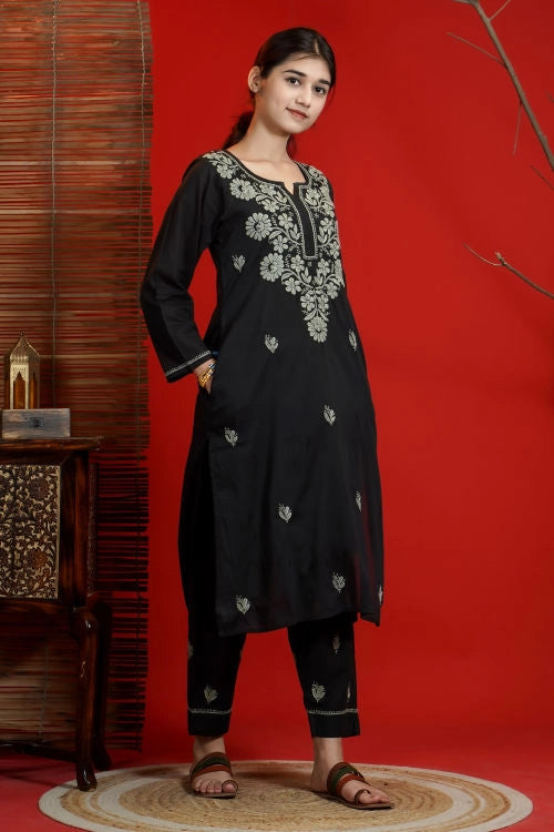 Shwet Hand Embroidered Chikankari Black Kurta Pant Set For Women