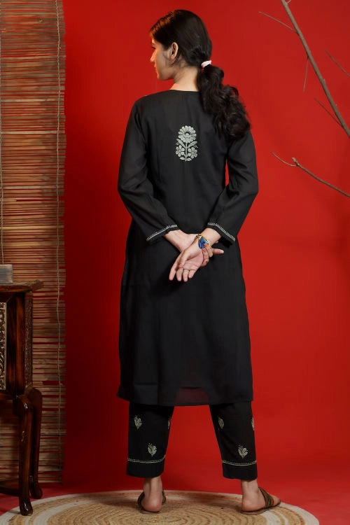 Shwet Hand Embroidered Chikankari Black Kurta Pant Set For Women