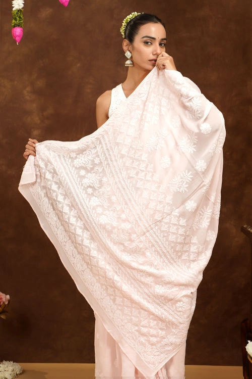 Shwet Hand Embroidered Chikankari Pink Viscose Saree