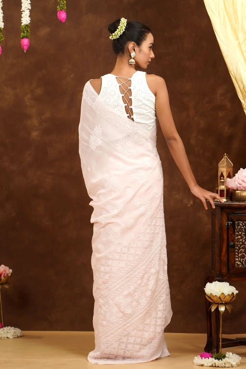Shwet Hand Embroidered Chikankari Pink Viscose Saree