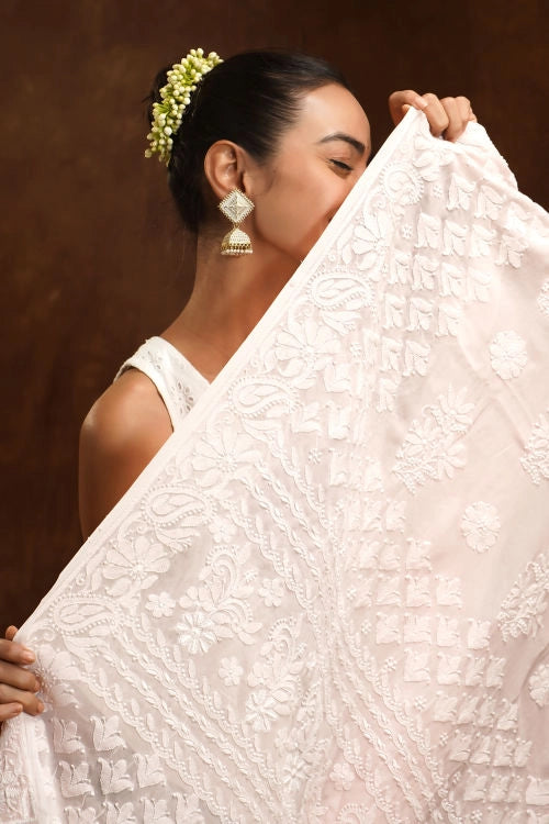 Shwet Hand Embroidered Chikankari Pink Viscose Saree