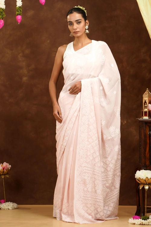 Shwet Hand Embroidered Chikankari Pink Viscose Saree