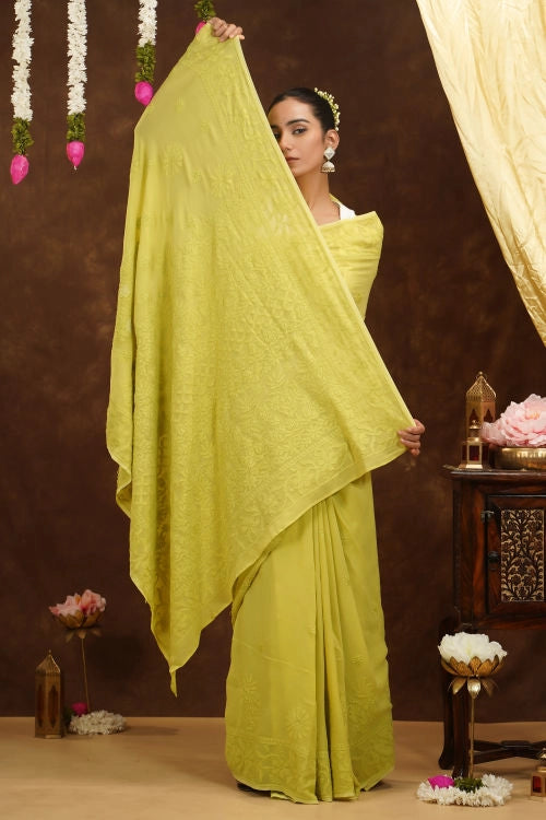 Shwet Hand Embroidered Chikankari Green Viscose Saree
