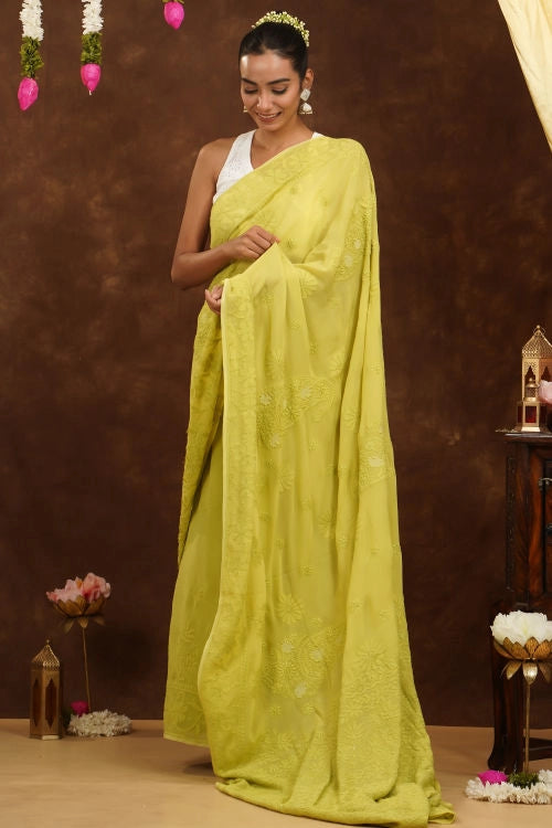 Shwet Hand Embroidered Chikankari Green Viscose Saree