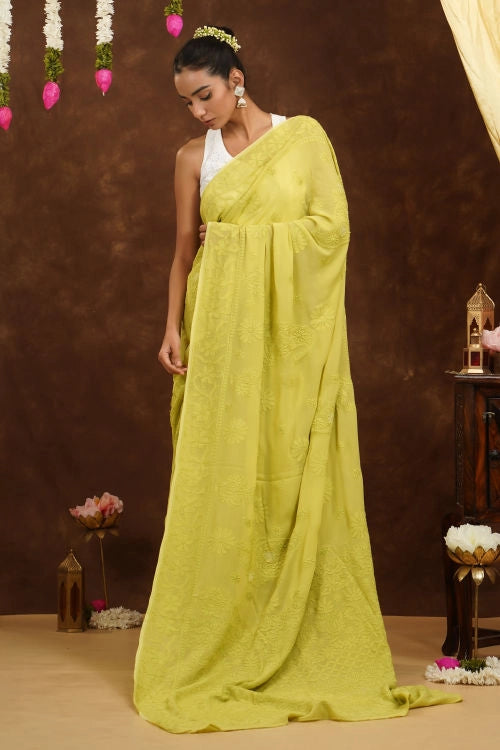 Shwet Hand Embroidered Chikankari Green Viscose Saree
