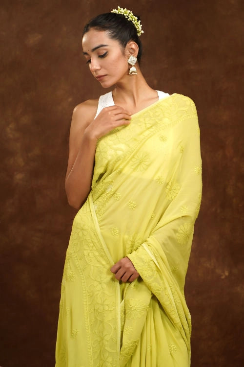 Shwet Hand Embroidered Chikankari Green Viscose Saree