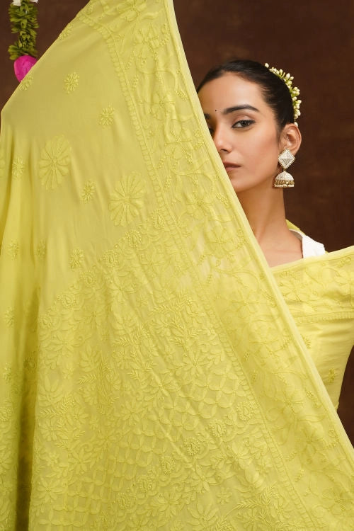 Shwet Hand Embroidered Chikankari Green Viscose Saree