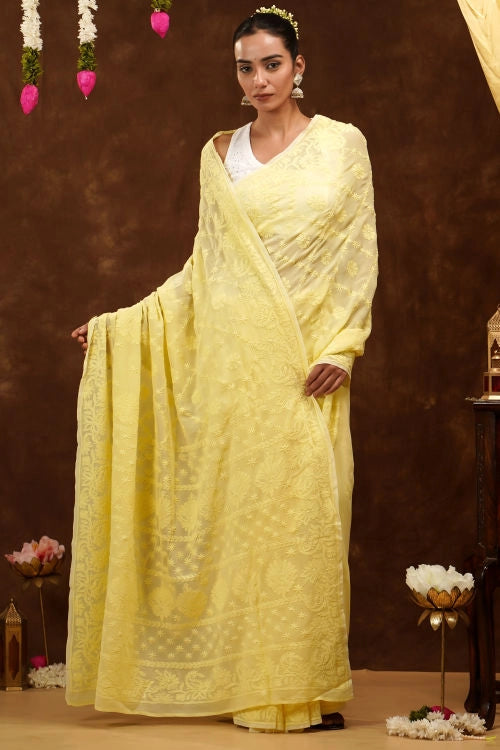 Shwet Hand Embroidered Chikankari Yellow Viscose Saree