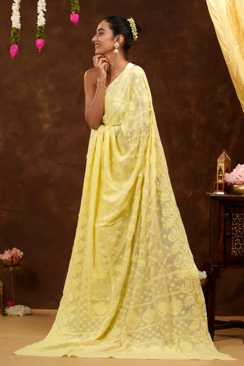 Shwet Hand Embroidered Chikankari Yellow Viscose Saree