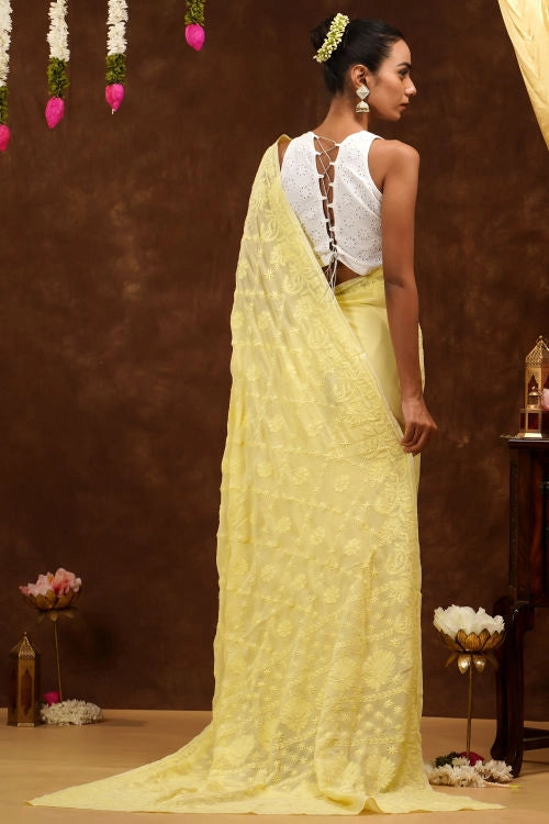 Shwet Hand Embroidered Chikankari Yellow Viscose Saree