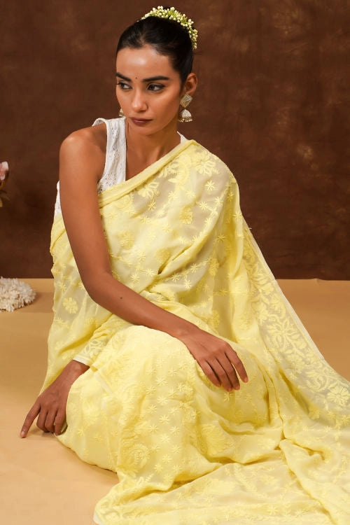 Shwet Hand Embroidered Chikankari Yellow Viscose Saree