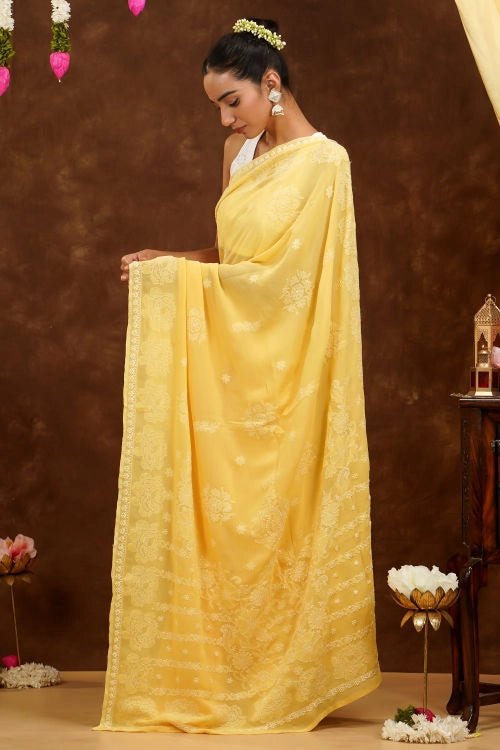 Shwet Hand Embroidered Chikankari Mustard Yellow Viscose Saree