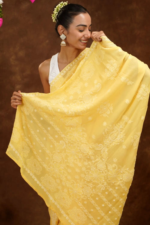 Shwet Hand Embroidered Chikankari Mustard Yellow Viscose Saree