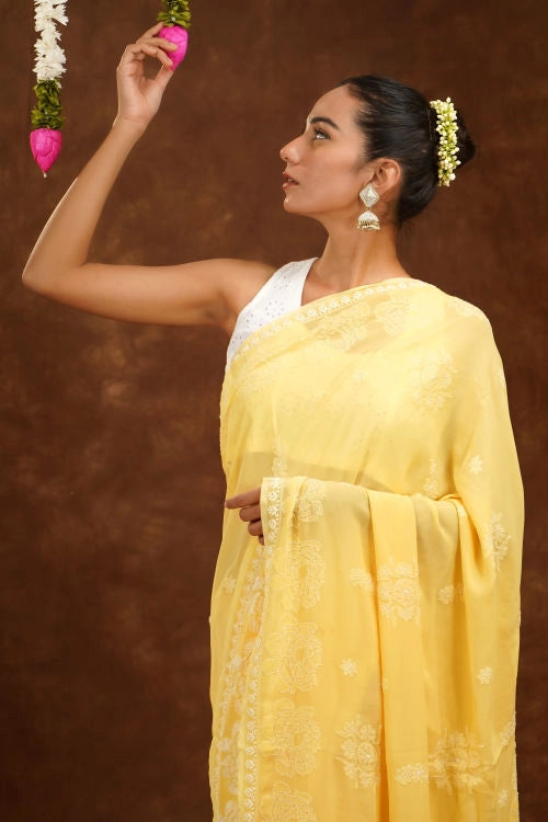 Shwet Hand Embroidered Chikankari Mustard Yellow Viscose Saree