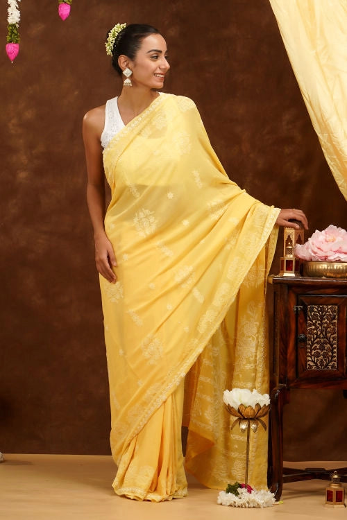 Shwet Hand Embroidered Chikankari Mustard Yellow Viscose Saree