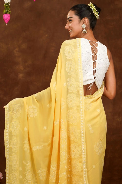 Shwet Hand Embroidered Chikankari Mustard Yellow Viscose Saree