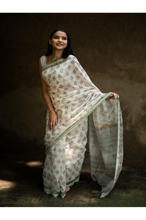 TICH Sanganeri Hand Block Printed Chanderi Saree - Pretty Florals