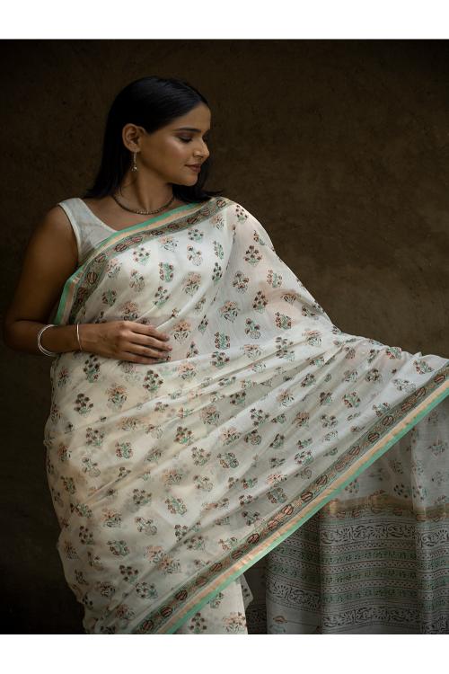 TICH Sanganeri Hand Block Printed Chanderi Saree - Pretty Florals