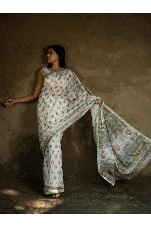 TICH Sanganeri Hand Block Printed Chanderi Saree - Pretty Florals