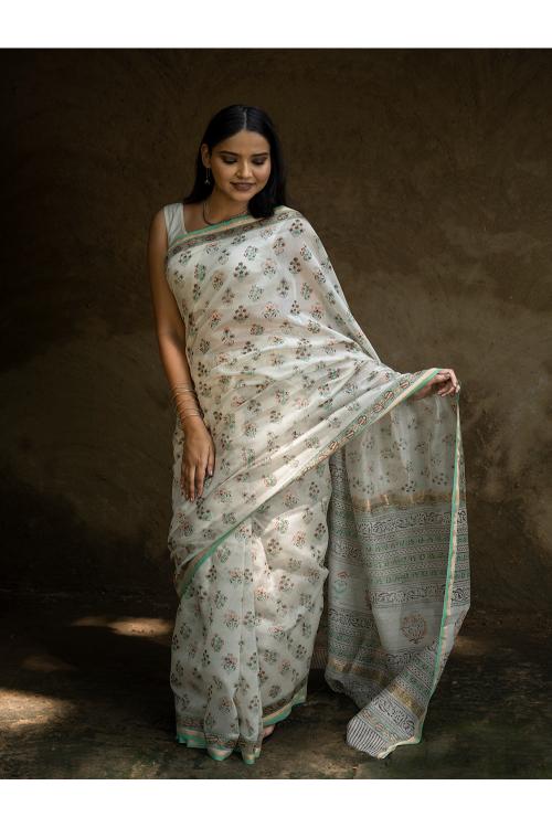 Pretty Floral Sanganeri Hand Block Printed Chanderi Saree Online